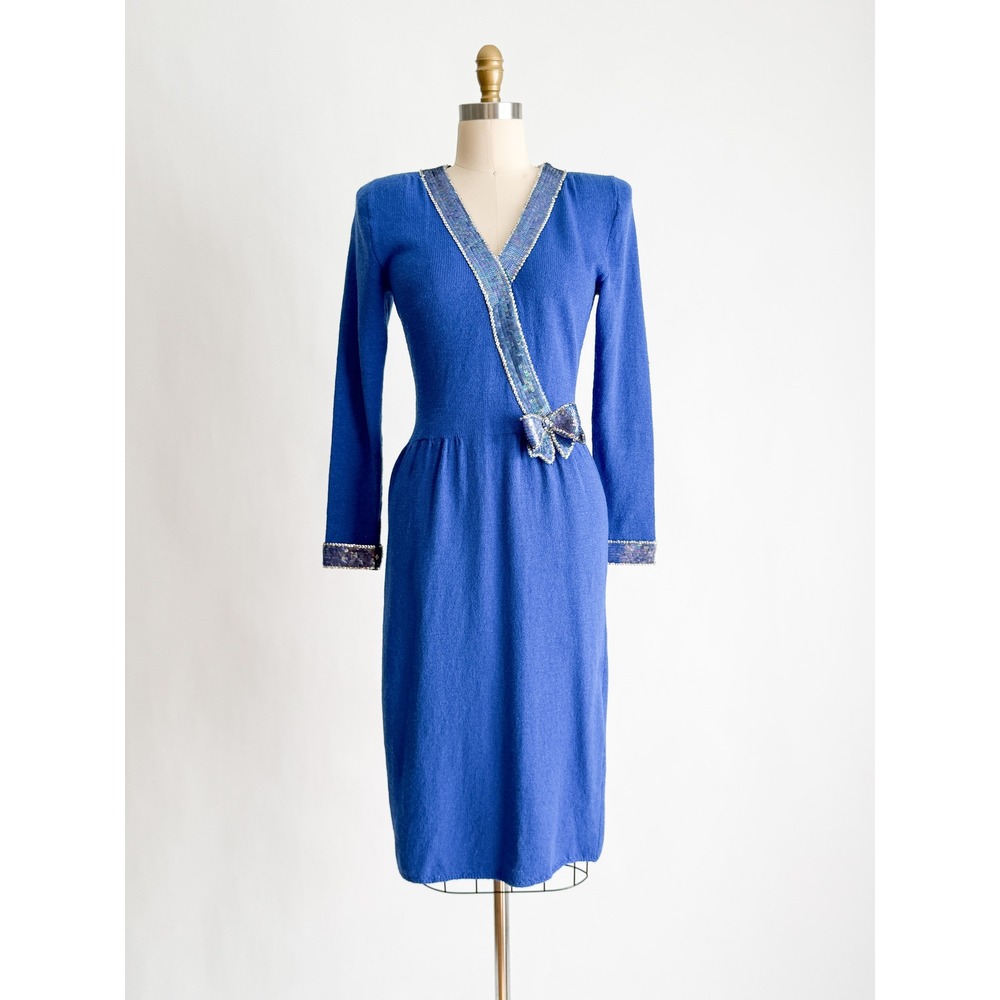Don Sayres Wellmore‎ Vintage Knit Dress Sequin Bow Blue Wool Blend Midi Blue S-M